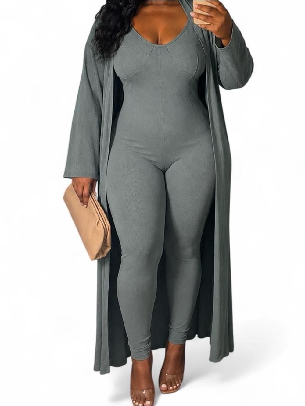 Ribbed Bodycon Jumpsuit with Long Duster Sage Green